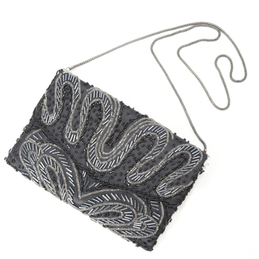Le Regale Evening Handbag Small Black Silver Beaded Wave Purse Shoulder Bag